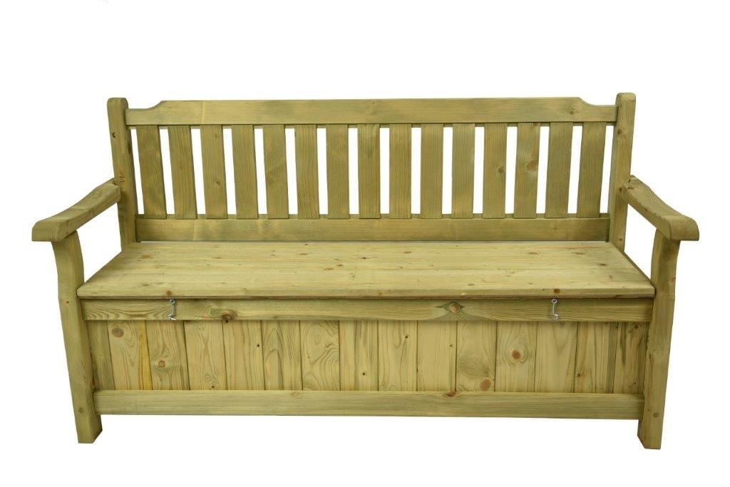 Holz-Banktruhe mit Rückenlehne und Armlehnen, 165 x 60 cm, Sitzbank mit Stauraum Holz-Banktruhe mit Rückenlehne und Armlehnen, Latten-Design, Stauraum unter der Sitzfläche, Maße 165 x 60 cm, Produkt auf weißem Hintergrund fotografiert