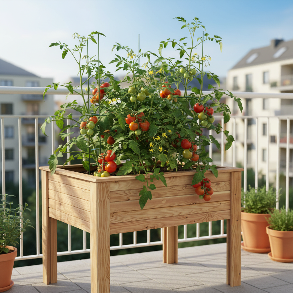 Hochbeet Viola aus Lärchenholz - Pflanzidee auf einem Balkon