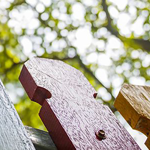 ratgeber-headerbild-vorgartenzaun_500x500 Nahaufnahme bunter Holzlatten eines Zauns: rote lackierte Latte mit sichtbarer Maserung und Schraube, daneben gelbe und hellblaue Latten, unscharfer grüner Laub-Hintergrund