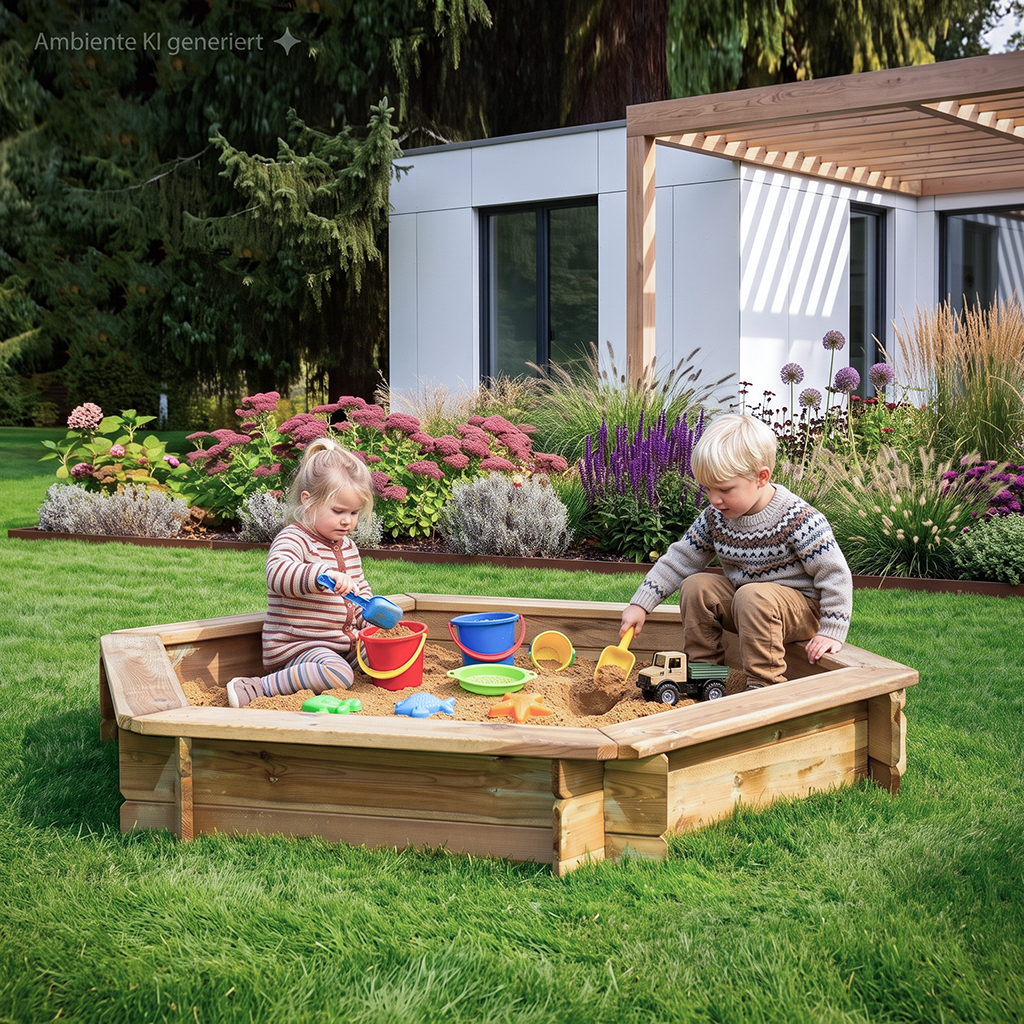 Zwei Kinder (Mädchen und Junge) spielen mit Eimern, Schaufeln und einem Spielzeugauto in einem hölzernen Sandkasten auf dem Rasen vor einem modernen Haus mit bunten Blumenbeeten