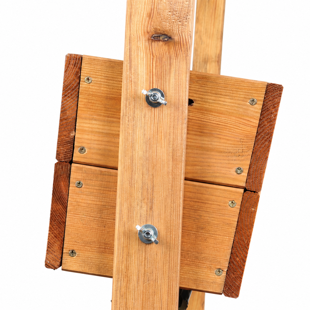 Vertikales Hochbeet Greta Nahaufnahme einer Holzverbindung: senkrechter Kantholzpfosten mit zwei Flügelmuttern, dahinter zwei quer verlaufende gehobelte Holzbretter mit sichtbaren Schrauben in den Ecken
