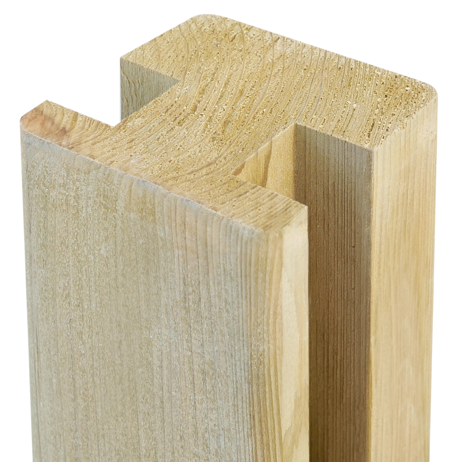 Verbindungspfosten mit Doppelnut 9 x 9 cm aus Fichtenholz Verbindungspfosten aus Fichte mit Doppelnut, 9 x 9 cm; Holzmaserung und Schnittfläche deutlich sichtbar.