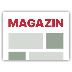 Grafische Illustration einer Magazin-Startseite mit großem roten Schriftzug MAGAZIN oben und mehreren hellgrünen und grauen Inhaltskästen auf weißem Hintergrund