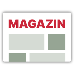 Grafische Illustration einer Magazin-Startseite mit großem roten Schriftzug MAGAZIN oben und mehreren hellgrünen und grauen Inhaltskästen auf weißem Hintergrund