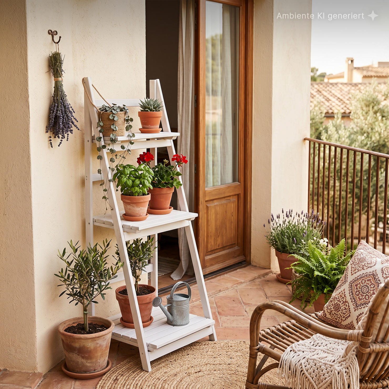 Sonniger Balkon mit weißem Stufenregal voller Terrakottatöpfe (Geranien, Basilikum, Sukkulente), hängendem Lavendel, Gießkanne, Rattanstuhl mit Kissen und Decke, Holztür und Metallgeländer