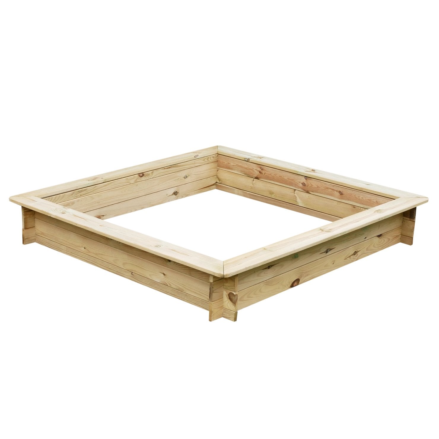 Holzsandkasten Sandra für den Garten, quadratische Form Quadratischer Sandkasten aus naturbelassenem Holz mit breitem Rand, geeignet für das Produkt Sandkasten Sandra, Perspektive schräg von vorne auf weißem Hintergrund