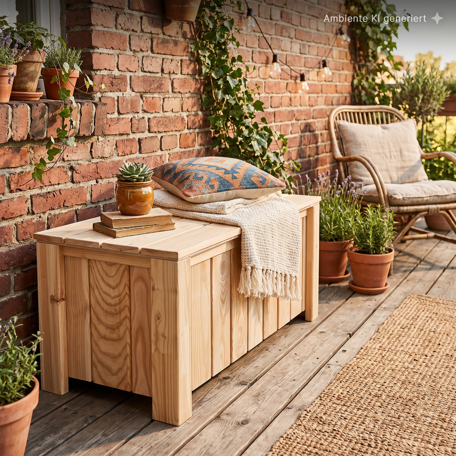 Gemütliche Balkonterrasse mit heller Holzkiste als Sitz/Truhe, gemustertem Kissen und beigem Plaid, Terrakotta-Töpfen mit Sukkulente und Lavendel, Efeu an Ziegelwand, Lichterkette und gepolstertem Rattansessel