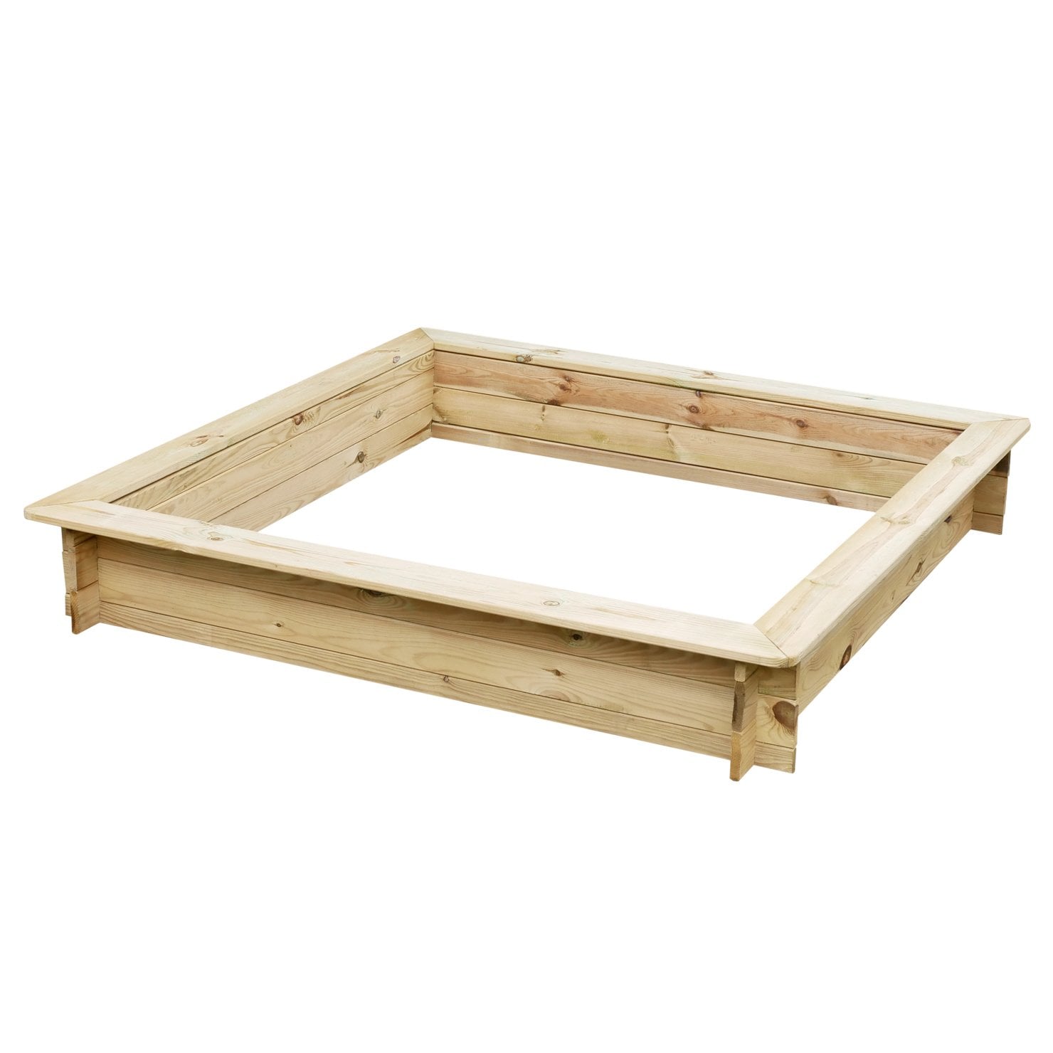 Sandkasten Sandra aus Holz, quadratische Form, ohne Abdeckung Quadratischer Sandkasten Sandra aus naturbelassenem Holz mit breitem, umlaufendem Rand, ohne Abdeckung und ohne Sand, auf weißem Hintergrund