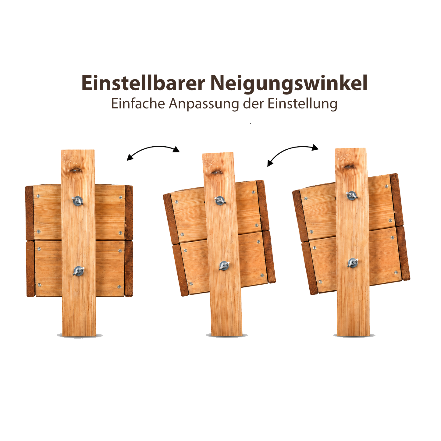 Drei hölzerne Tafeln an vertikalen Pfosten in links-, mittig- und rechtsgeneigter Position, darüber der Titel Einstellbarer Neigungswinkel und gebogene Pfeile, die die verstellbare Neigung anzeigen