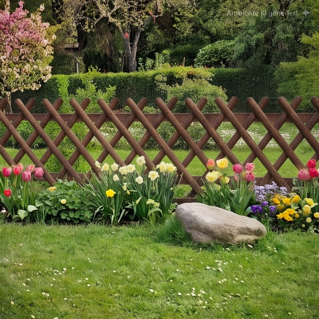 Jägerzaun 5,5 cm gekegelte Latten 250 cm lang, kd imprägniert braun +1 Latte Garten mit hölzernem Lattenzaun im Kreuzmuster, Reihe bunter Frühlingsblumen (Tulpen, Narzissen), großem Gartensstein auf gepflegtem Rasen, Hecken und blühendem Baum im Hintergrund