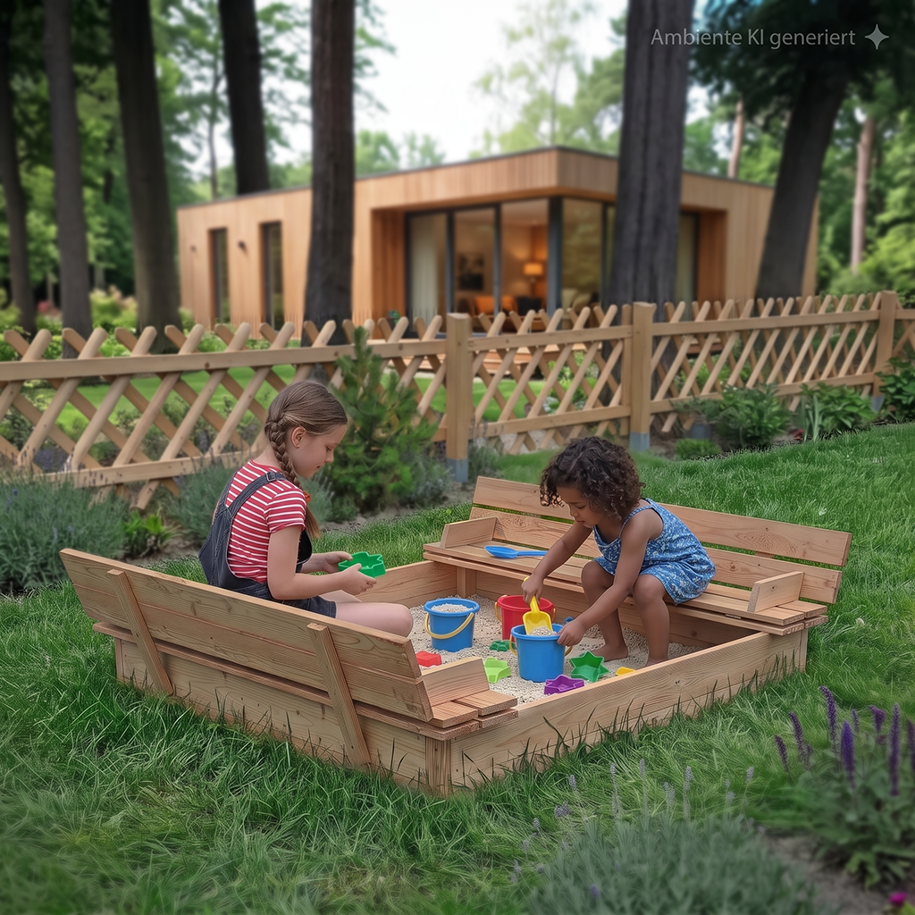 Zwei Kinder spielen mit Eimern und Förmchen in einem hölzernen Sandkasten im Garten, umgeben von Rasen, Blumen und einem Holzzaun; im Hintergrund ein modernes Holzhaus und hohe Bäume