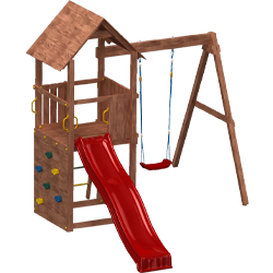 Holz-Spielgerät mit kleinem Dach und Plattform, rote Rutsche, Kletterwand mit bunten Griffen, Sprossenleiter und Einzelschaukel mit blau-gelben Seilen und rotem Sitz