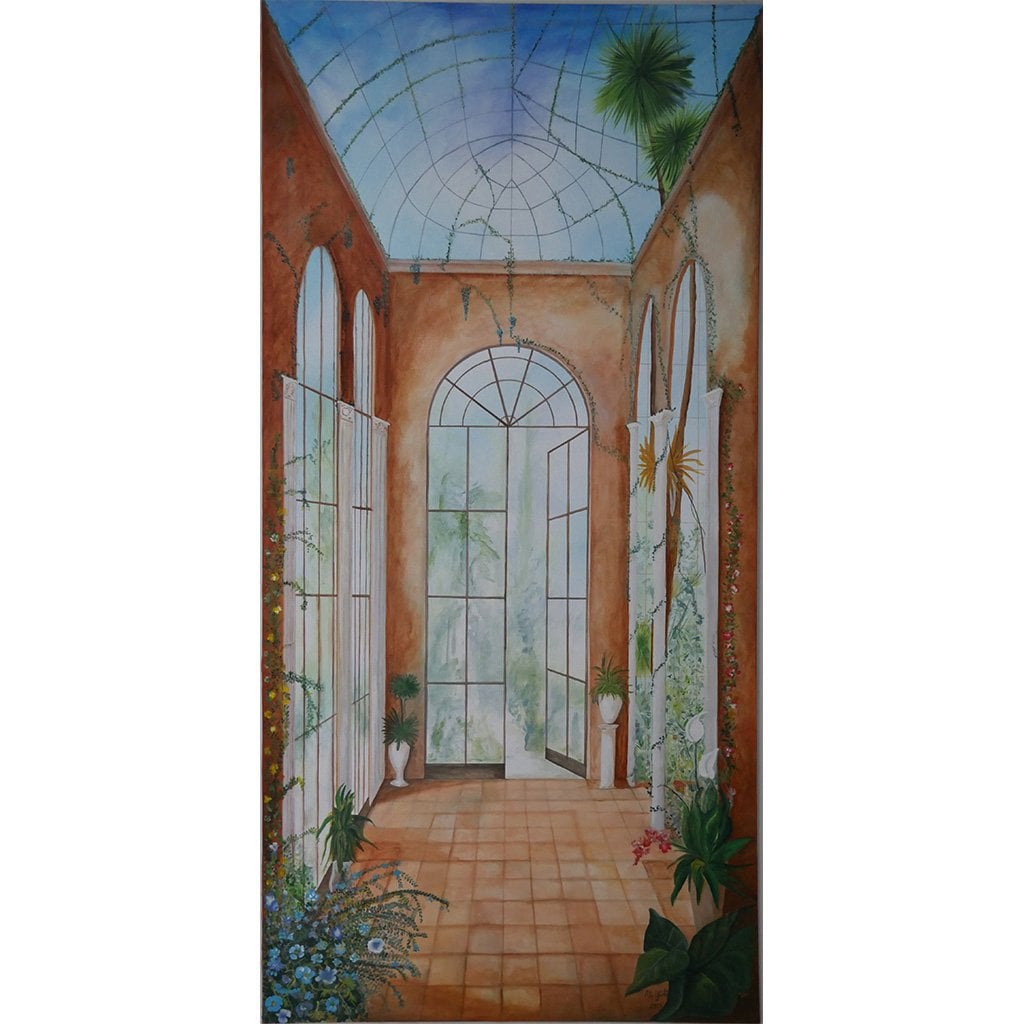 Acrylbild einer Orangerie mit hohen Fenstern, Pflanzen und Glasdach, Unikat Acrylgemälde einer Orangerie mit hohen Fenstern, Terrakotta-Boden, Pflanzen in Töpfen und rankenden Pflanzen an den Wänden, Glasdach mit Himmel und Palmenblättern, lichtdurchflutete Atmosphäre, Unikat
