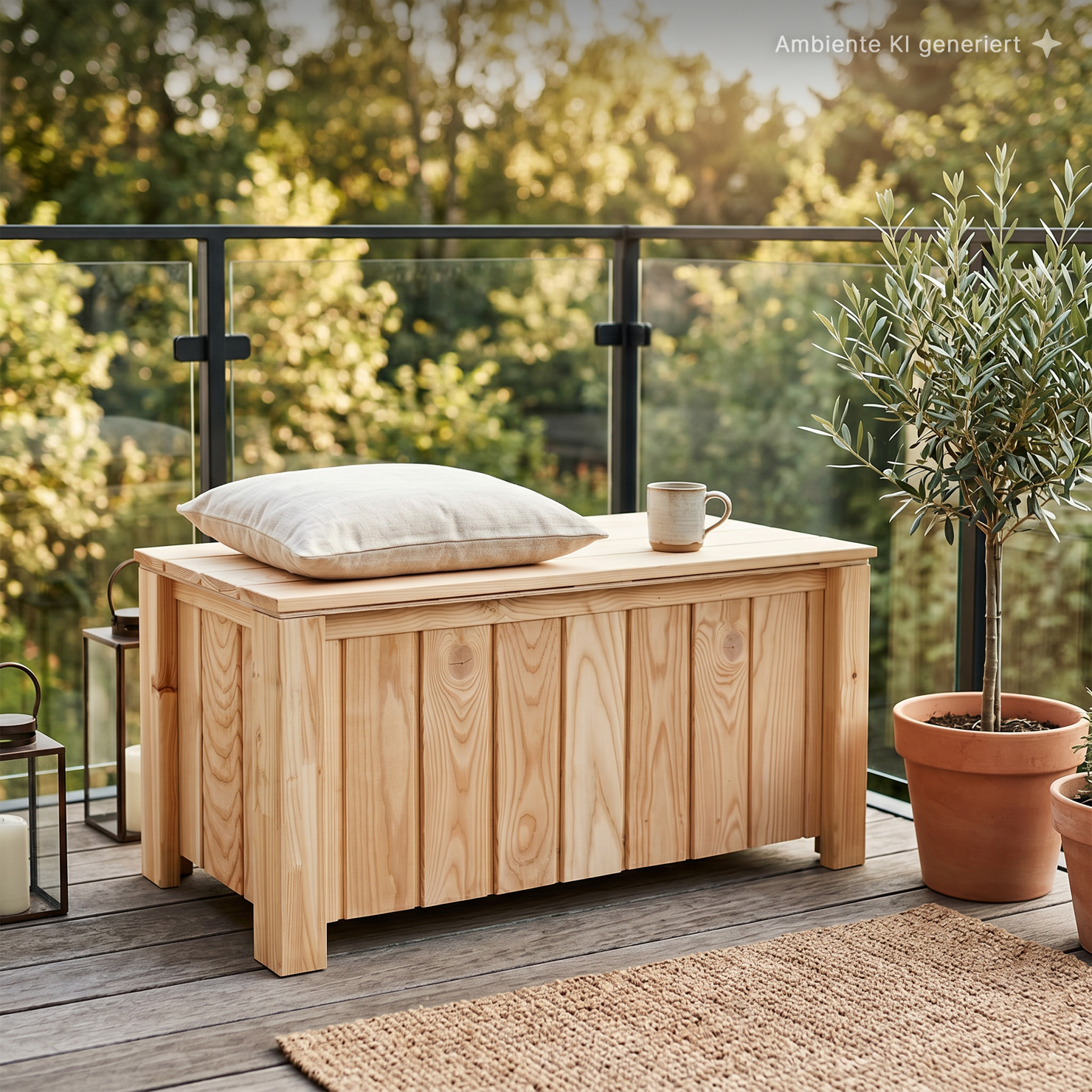 Balkon mit heller Holztruhe als Sitzbank, Kissen und Keramikbecher darauf, Topf-Olivenbaum rechts, Glasgeländer, Laternen und Kerzen links, Holzdielen und Juterug, sonnige grüne Bäume im Hintergrund