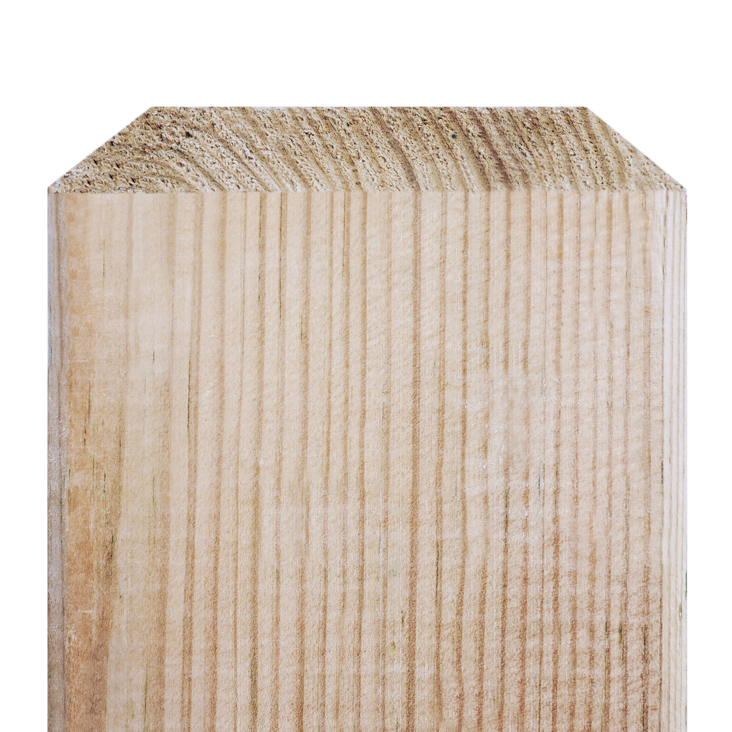 Holzpfosten aus Kiefer mit Pyramidenkopf, Abmessungen 9 x 9 x 90 cm, zeigt die Textur der Maserung und die abgeschrägte Spitze.