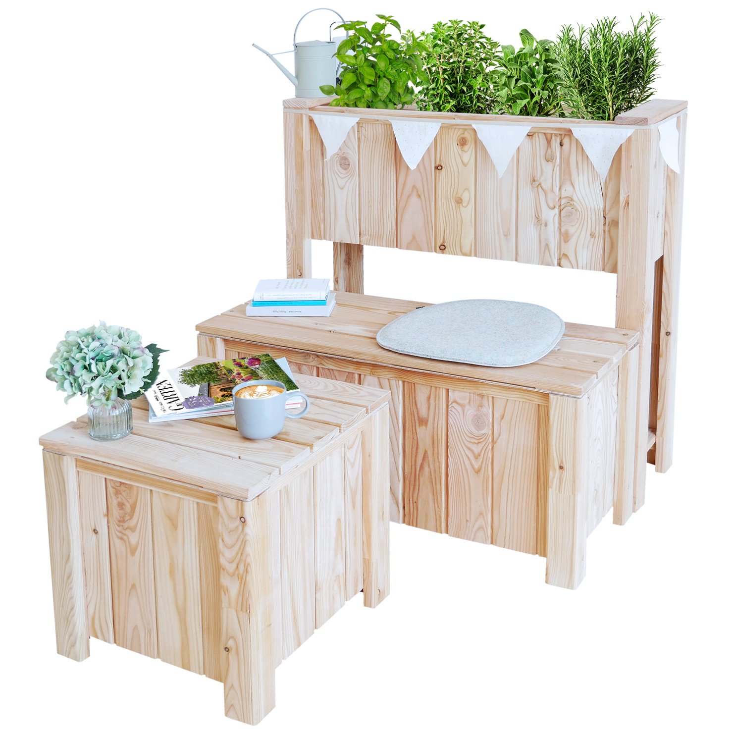 Balkon-Set – Pflanzkasten, Bank & Tisch