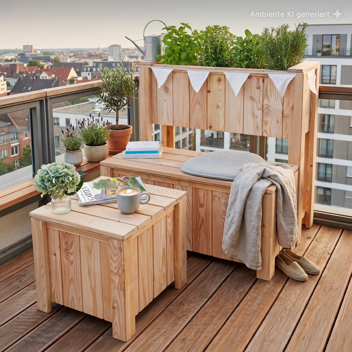 Balkon-Set Sonja komplett (Tisch, Bank, Pflanzkasten) Balkon mit hellen Holzboxen als Sitzbank und Tisch, Hochbeet mit Kräutern und Gießkanne, mehrere Pflanztöpfe, Tasse mit Latte auf Magazin, Sitzkissen, Leinenüberwurf und Hausschuhe, Stadtgebäude im Hintergrund