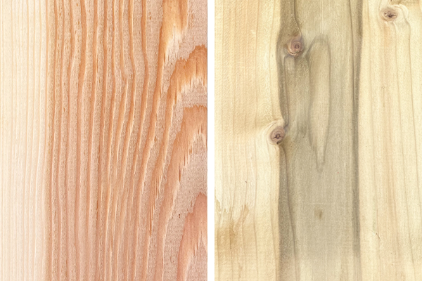 Zweigeteilte Nahaufnahme zweier Holzoberflächen nebeneinander: links rötlich-braunes Nadelholz mit feinen, parallelen Jahresringen, rechts helles, gelbliches Holz mit dunkleren Adern und mehreren sichtbaren Knoten