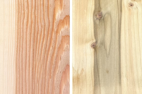 Zweigeteilte Nahaufnahme zweier Holzoberflächen nebeneinander: links rötlich-braunes Nadelholz mit feinen, parallelen Jahresringen, rechts helles, gelbliches Holz mit dunkleren Adern und mehreren sichtbaren Knoten