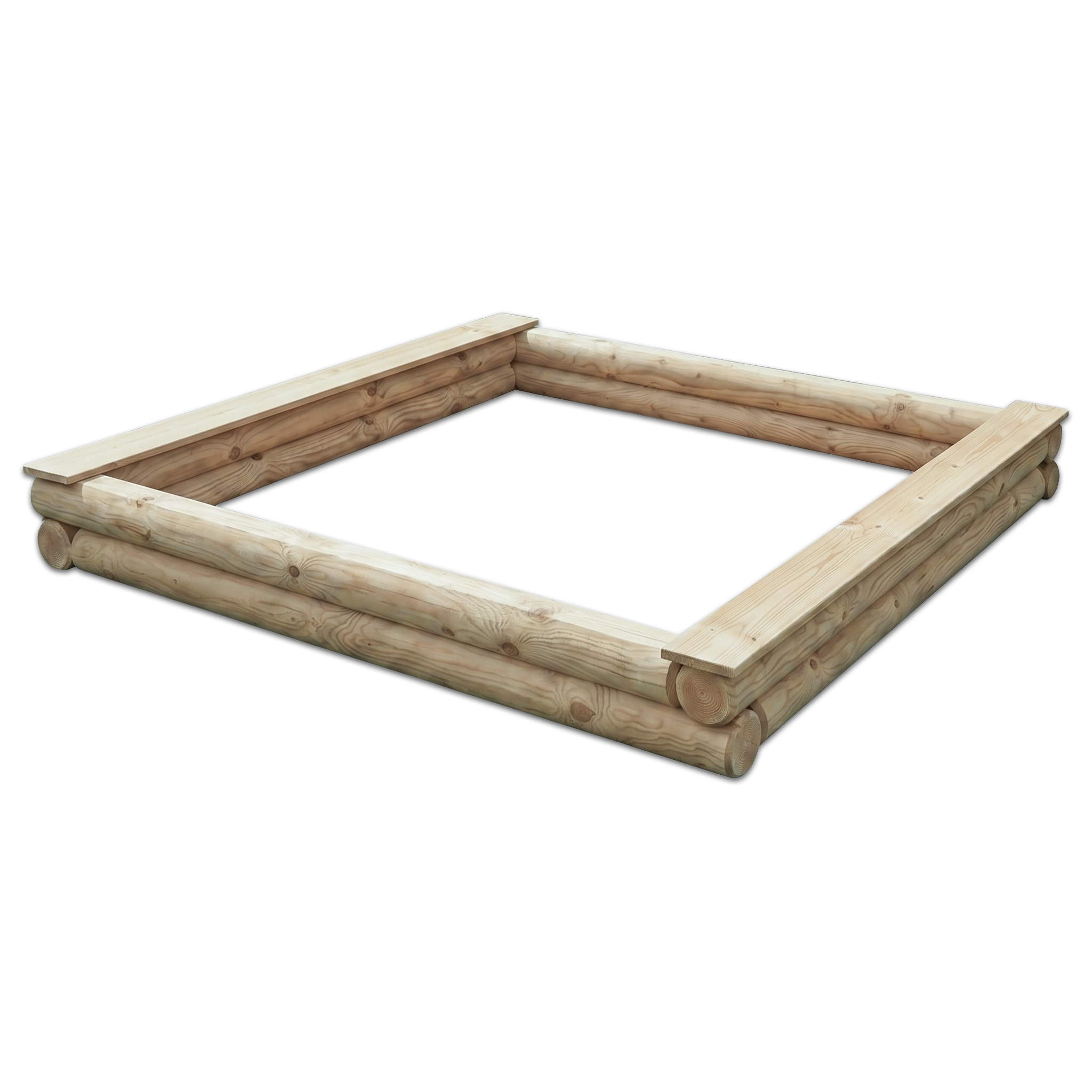 Sandkasten Klaus 200 x 200 cm aus 12 cm Rundholz, kesseldruckimprägniert Quadratischer Holzrahmen einer Sandkiste aus runden Konstruktionshölzern mit aufliegenden Sitzbrettern, helles naturbelassenes Holz, perspektivische Ansicht auf die Eckverbindung, weißer Hintergrund