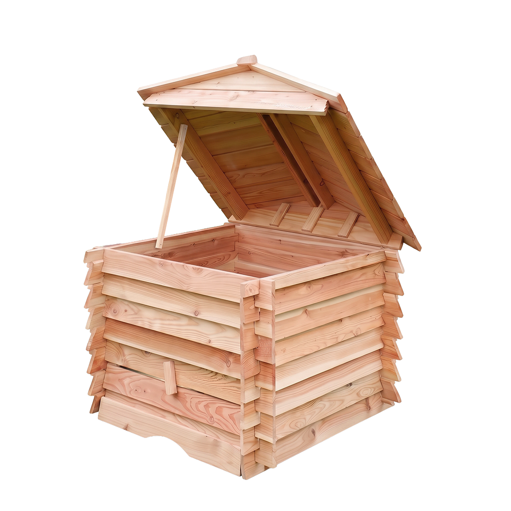 Offene, quadratische Holzkiste mit geschichtetem Lattenaufbau und aufgestelltem Satteldach; naturbelassenes helles Holz, gestützter Deckel, sichtbare Zapfenverbindungen und Innenraum ohne Inhalt