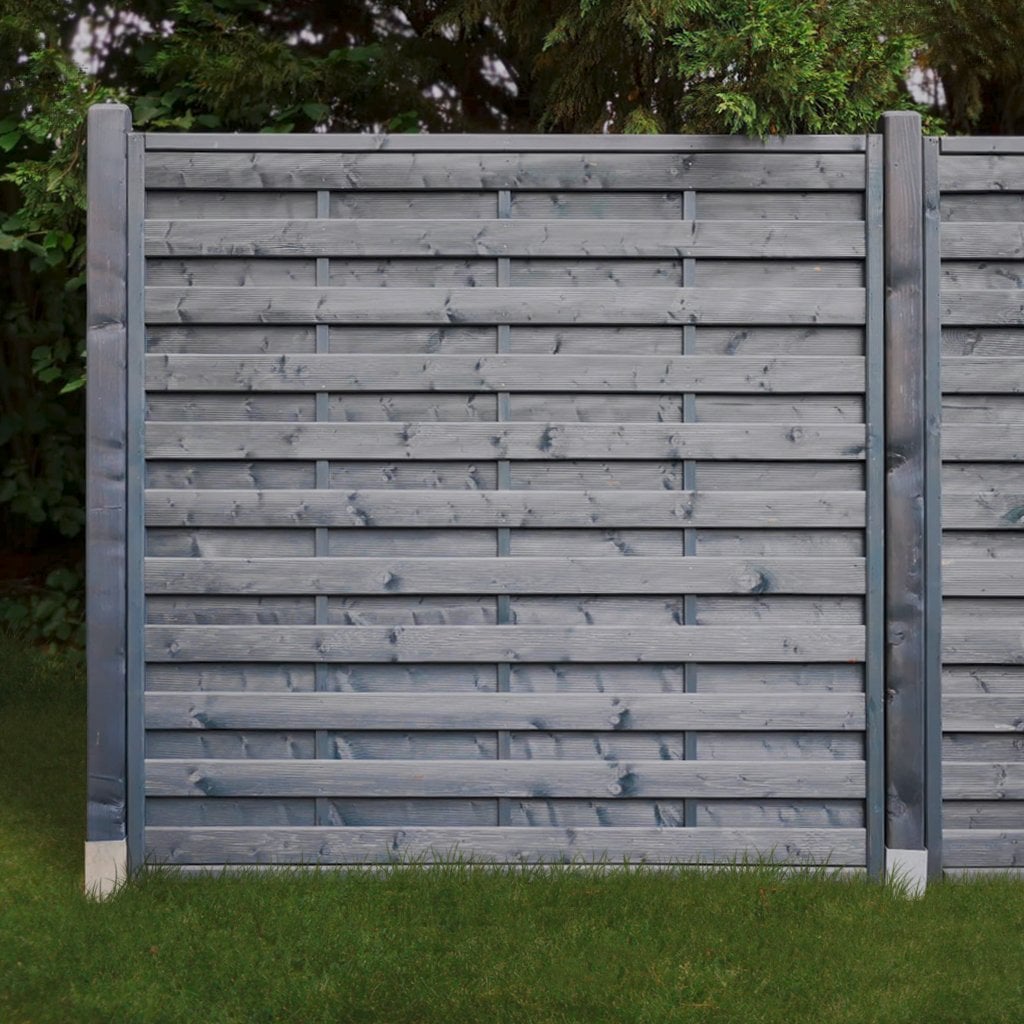 Dichtzaun 2-fach lasiert anthrazit grau 180 x 180 cm, hier mit passenden kopfgerundeten Pfostenm Dichtzaun 2-fach lasiert anthrazit grau 180 x 180 cm, hier mit passenden kopfgerundeten Pfostenm