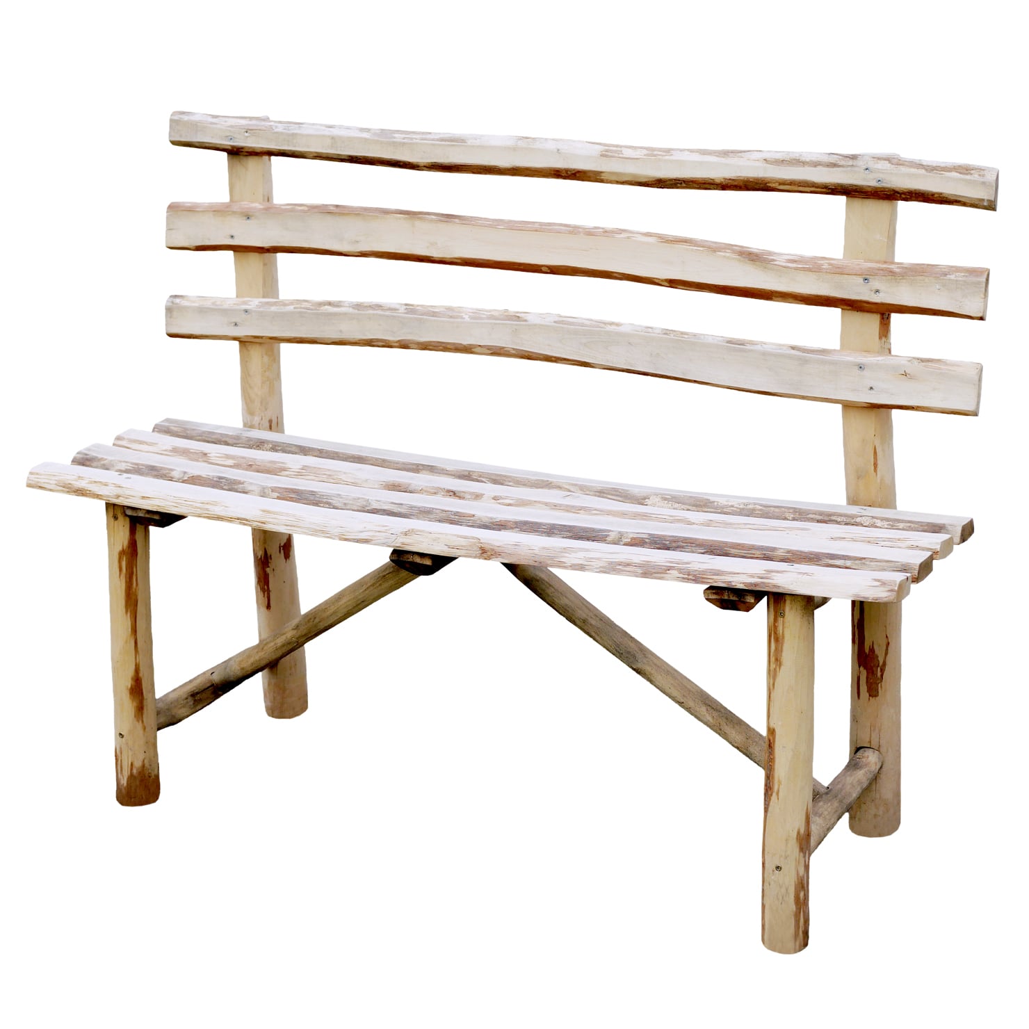 Rustique Bank aus Haselnuss, 118 cm Rustikale Bank aus Haselnussholz, 118 cm, naturbelassene helle Oberfläche, drei unregelmäßige Rückenlehnenlatten, geschlitzter Latten-Sitz, sichtbare Ast- und Rindenspuren, einfache Rundbeine mit diagonaler Verstrebung