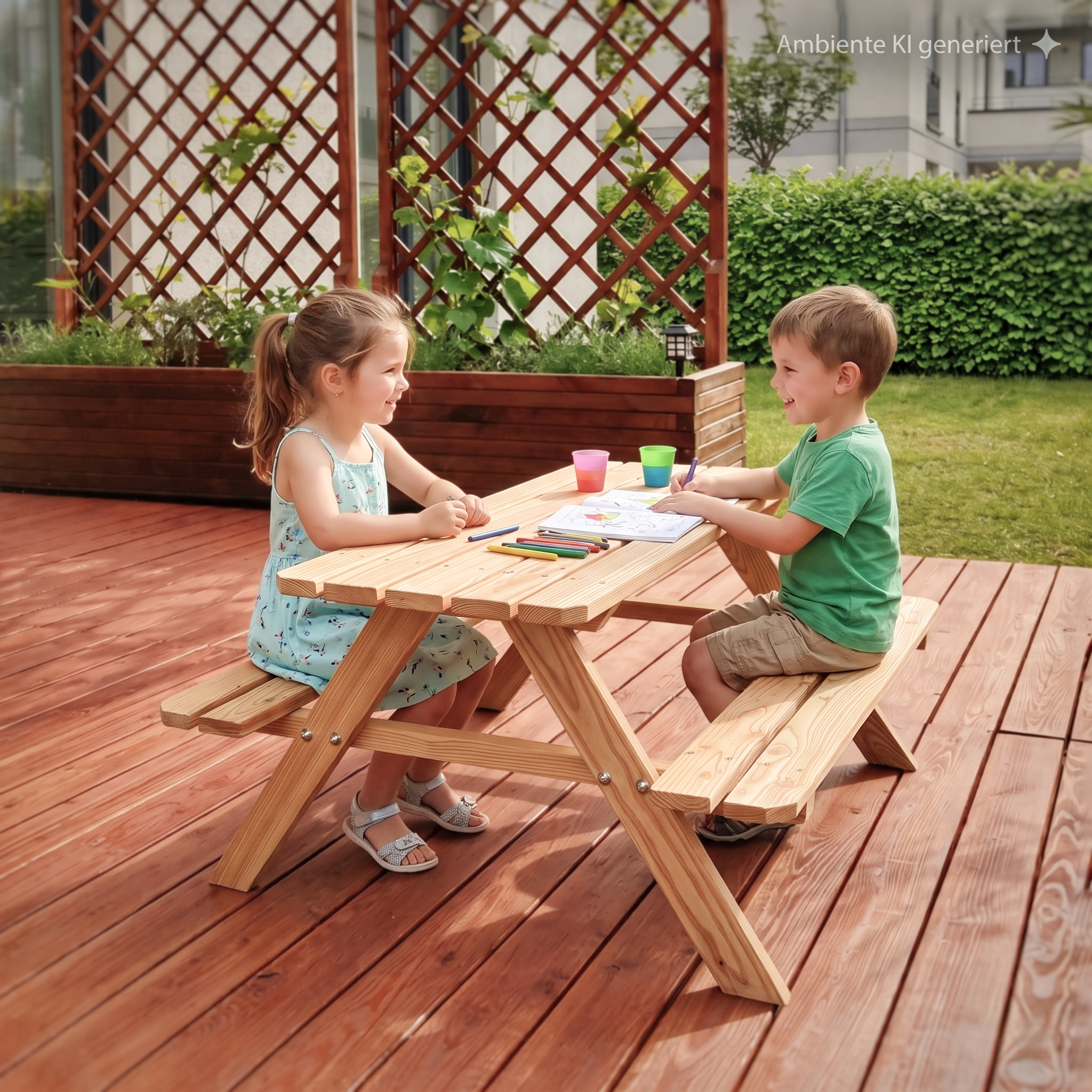 Zwei Kinder sitzen an einem kleinen Holztisch auf einer Holzterrasse, malen und lachen; bunte Becher und Buntstifte liegen auf dem Tisch, im Hintergrund ein Rankgitter mit Kletterpflanzen und eine grüne Hecke