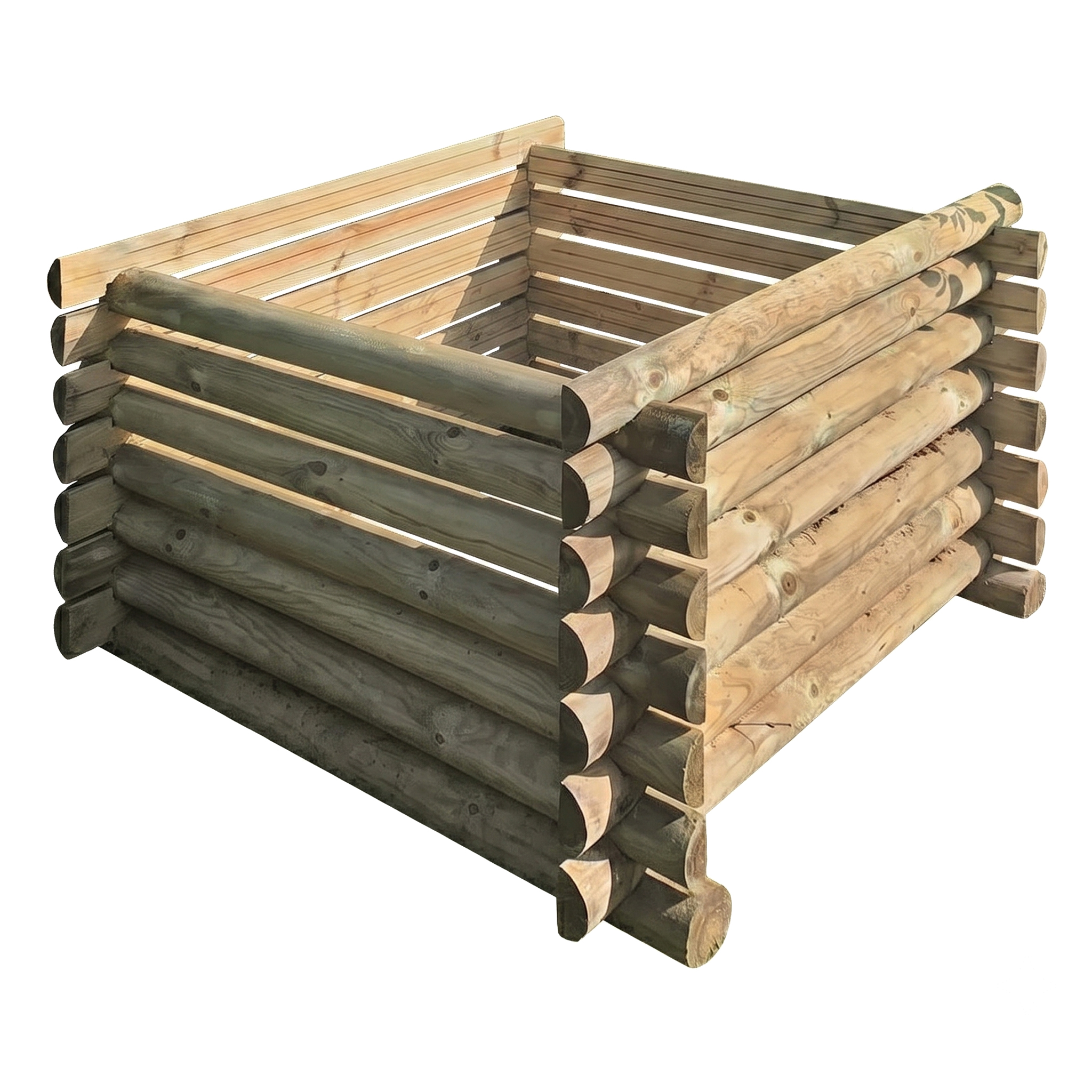 Eckansicht eines eckigen Hochbeets aus übereinander gestapelten, abgerundeten Holzbalken mit sichtbarer Holzmaserung und inneren Holzlatten, naturfarbene Töne, freigestellt auf weißem Hintergrund
