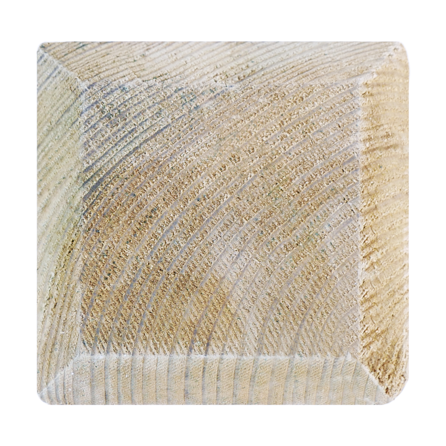 Holzpfosten in Nahaufnahme mit Pyramidenkopf gefertigt aus Kiefernholz, zeigt detaillierte Holzmaserung. Produktmaß: 9 x 9 x 90 cm.