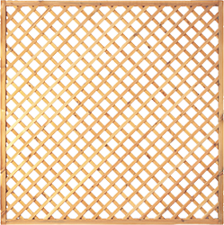 Quadratisches helles Holz-Rankgitter mit diagonal gekreuzten Latten in regelmäßigem Rautenmuster, schmalem Rahmen und gleichmäßigen Öffnungen