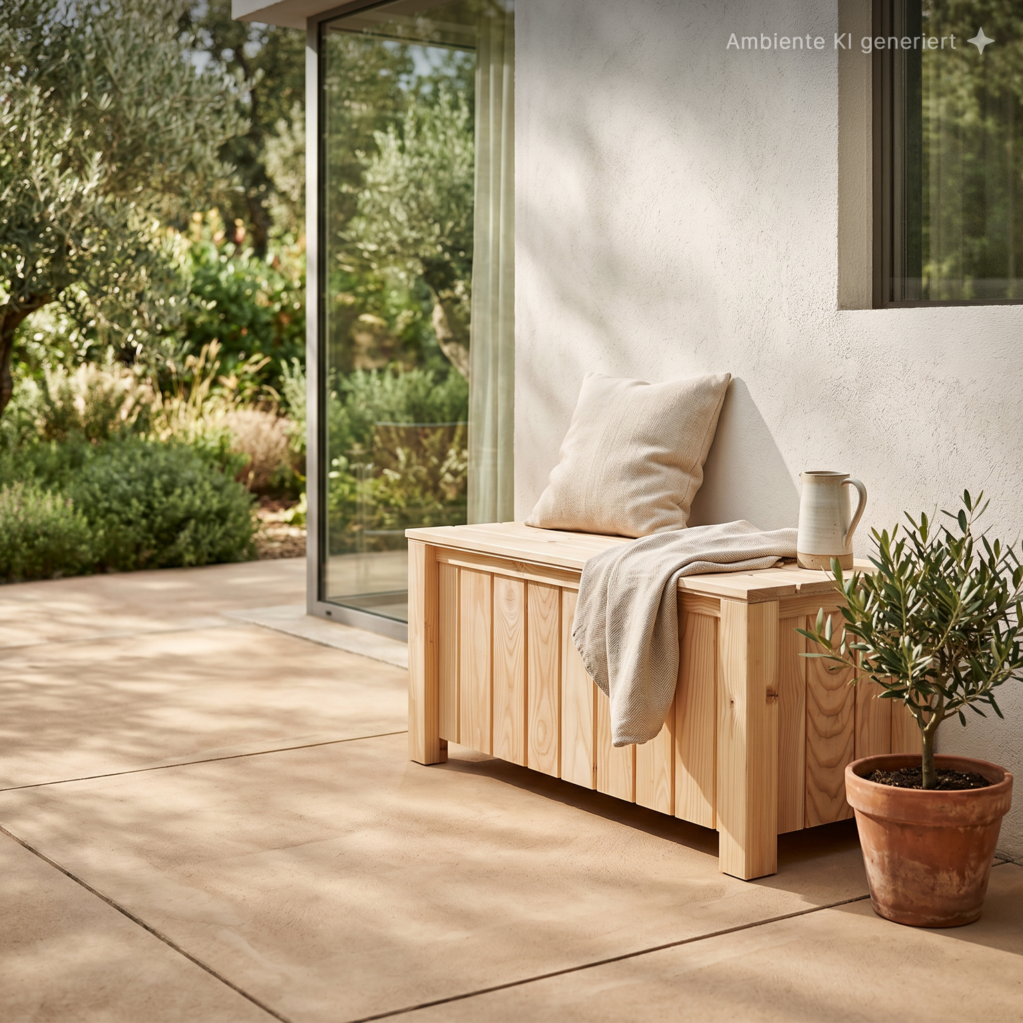 Sonnenbeschienene Terrasse mit heller Holzbank/Truhe, Kissen und Decke, einer Keramikkanne darauf, Olivenbaum im Terrakottatopf, neben großer Glasschiebetür und üppiger grüner Gartenkulisse im Hintergrund