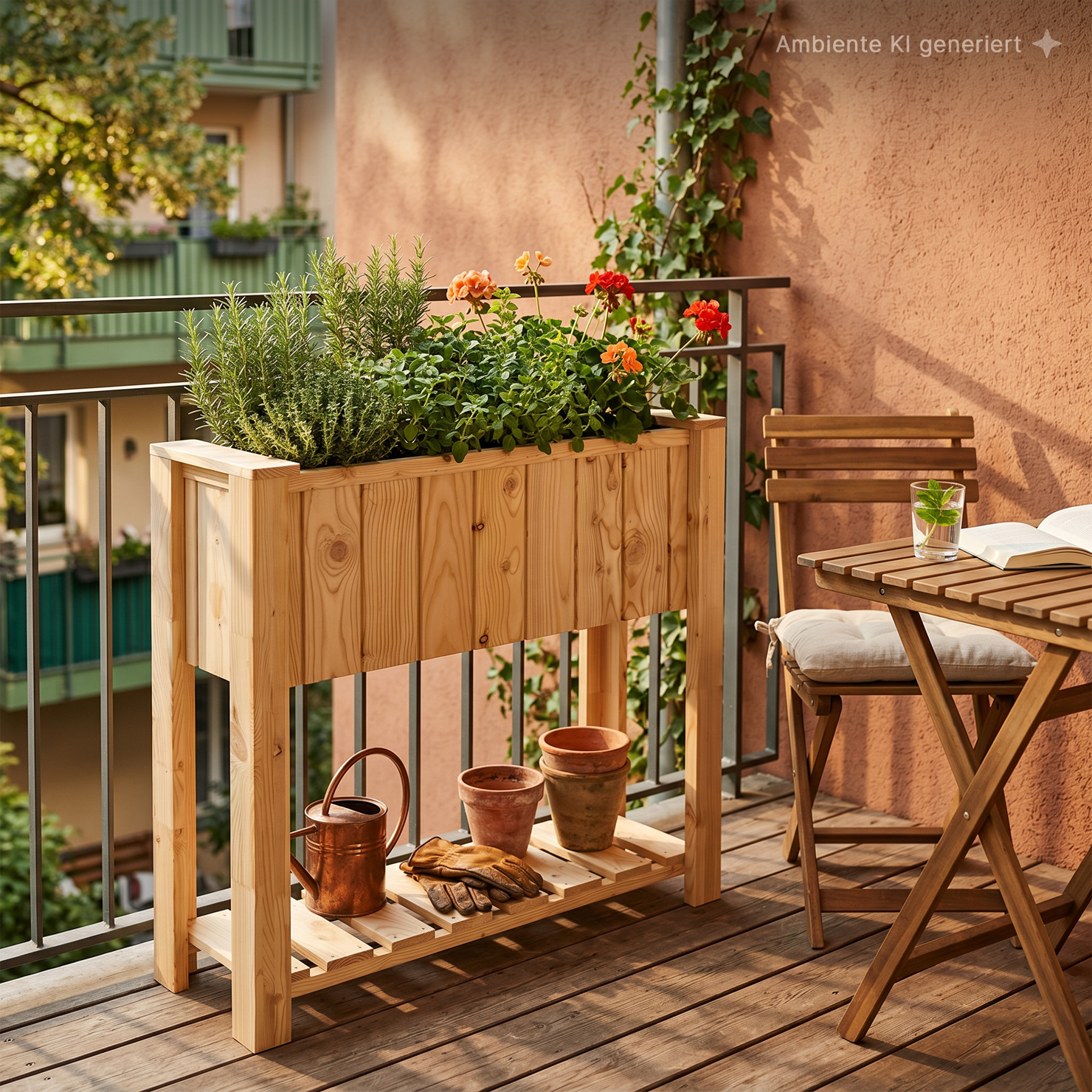 Balkon Pflanzkasten Sonja 94 x 31 x 91 cm, Lärche natur Balkon mit hohem Holz-Pflanzkasten voller Kräuter und roten/orangen Geranien, darunter Gießkanne, Blumentöpfe und Arbeitshandschuhe; klappbarer Holz-Tisch mit Glas und geöffnetem Buch, Holzstuhl mit Kissen, Kletterpflanze an der terrakottafarbenen Wand.