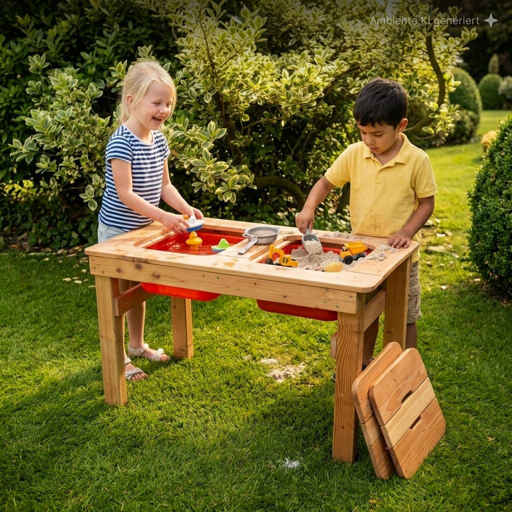 Zwei Kinder, ein Mädchen mit gestreiftem Shirt und ein Junge im gelben Polo, spielen an einem hölzernen Sand‑ und Wassertisch im Garten mit Schaufel, Spielzeugauto und Gummienten