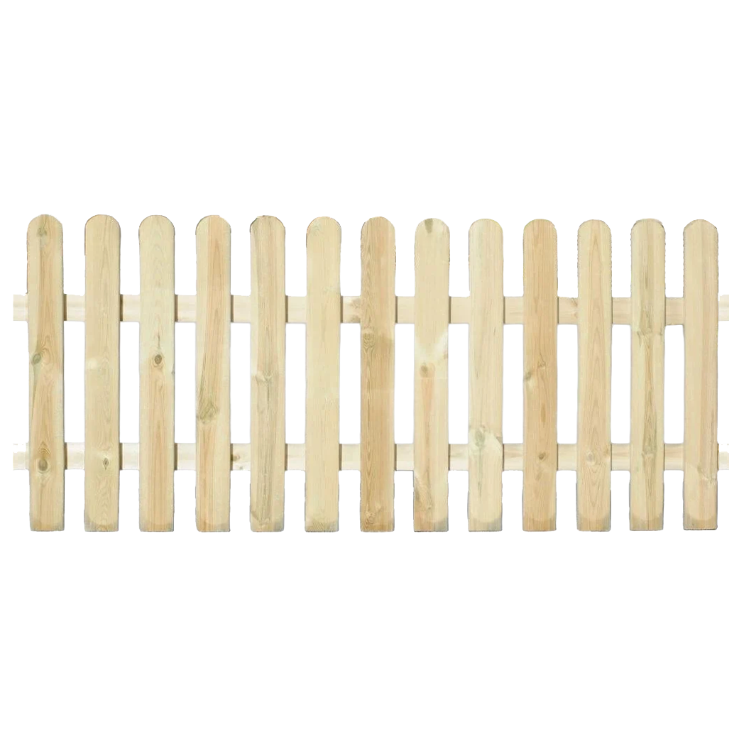 Staketen - Vorgartenzaun, L.18 x 90 mm, R. 22 x 70 mm, kesseldruckimprägniert Lattenzaun aus hellen, senkrechten Holzlatten mit abgerundeten Spitzen, zwei Querholme, Schatten auf Asphalt, Holzstapel im Hintergrund