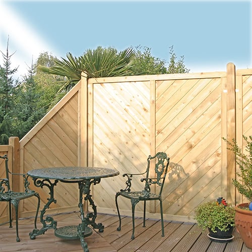 Magazin-Sichtschutz-aus-Holz_500x500 Holzterrasse mit hellem, diagonal verschaltetem Sichtschutzzaun, runder gusseiserner Tisch und zwei verzierte grüne Metallstühle, Topfpflanzen am Rand, Palmen und Sträucher im Hintergrund, blauer Himmel