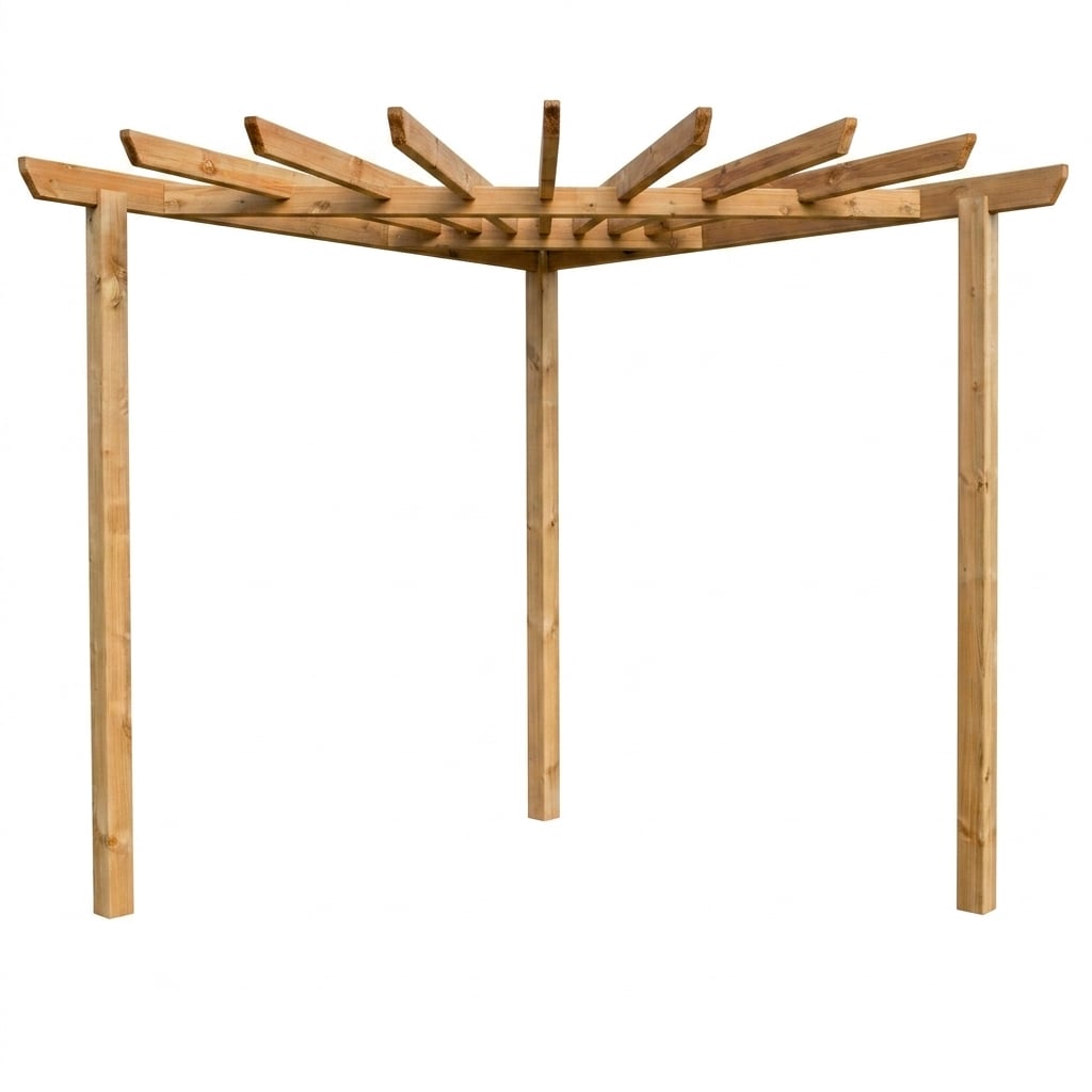 Eck-Pergola Azzara - Kiefer, imprägniert, 220 x 220 x 220 cm Freistehende Holzpergola mit vier senkrechten Pfosten und rechtwinklig angeordneten Dachbalken, naturbelassenes helles Holz, offene Konstruktion, isoliert vor weißem Hintergrund