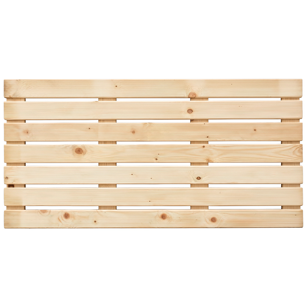 Horizontale Latten aus hellem Holz mit sichtbarer Maserung und Knoten, gleichmäßige Abstände zwischen den Latten