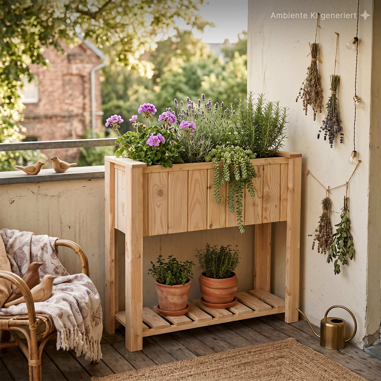Balkon Pflanzkasten Sonja 94 x 31 x 91 cm, Lärche natur Gemütlicher Balkon mit hohem Holzpflanzkasten voller pinker Geranien, Lavendel, Rosmarin und hängender Sukkulente, zwei Tontöpfe mit Kräutern darunter, getrocknete Kräuter an der Wand, Lichterkette, Rattanstuhl mit Decke und Gießkanne