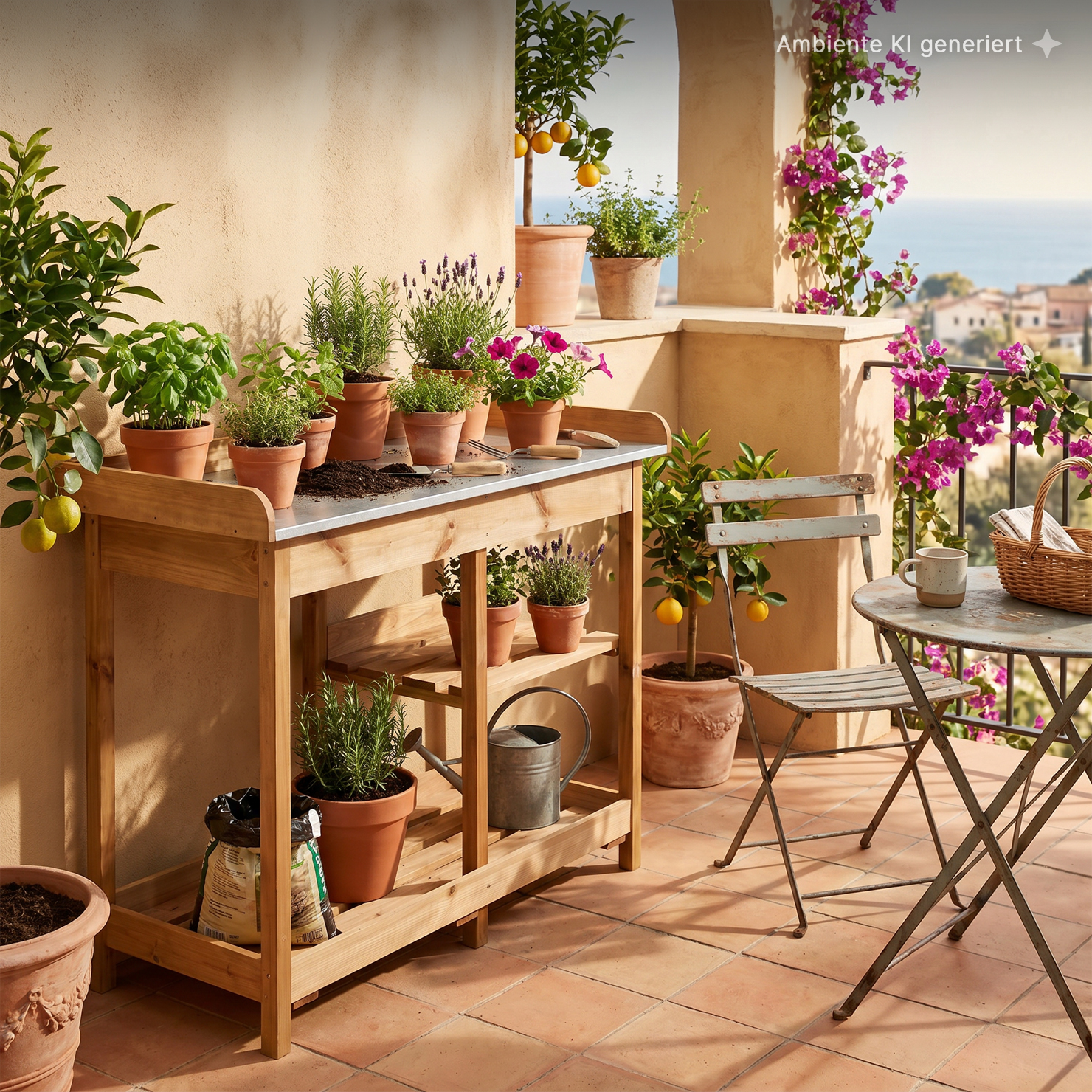 Sonnenbeschienener Balkon mit Holzgärtnertisch und Terrakottatöpfen (Basilikum, Rosmarin, Lavendel), Erde und Gartengeräten, Gießkanne, kleine Zitrusbäume mit Früchten, kletternde Bougainvillea mit pinken Blüten, rustikaler Metall-Bistrotisch und Stühle,