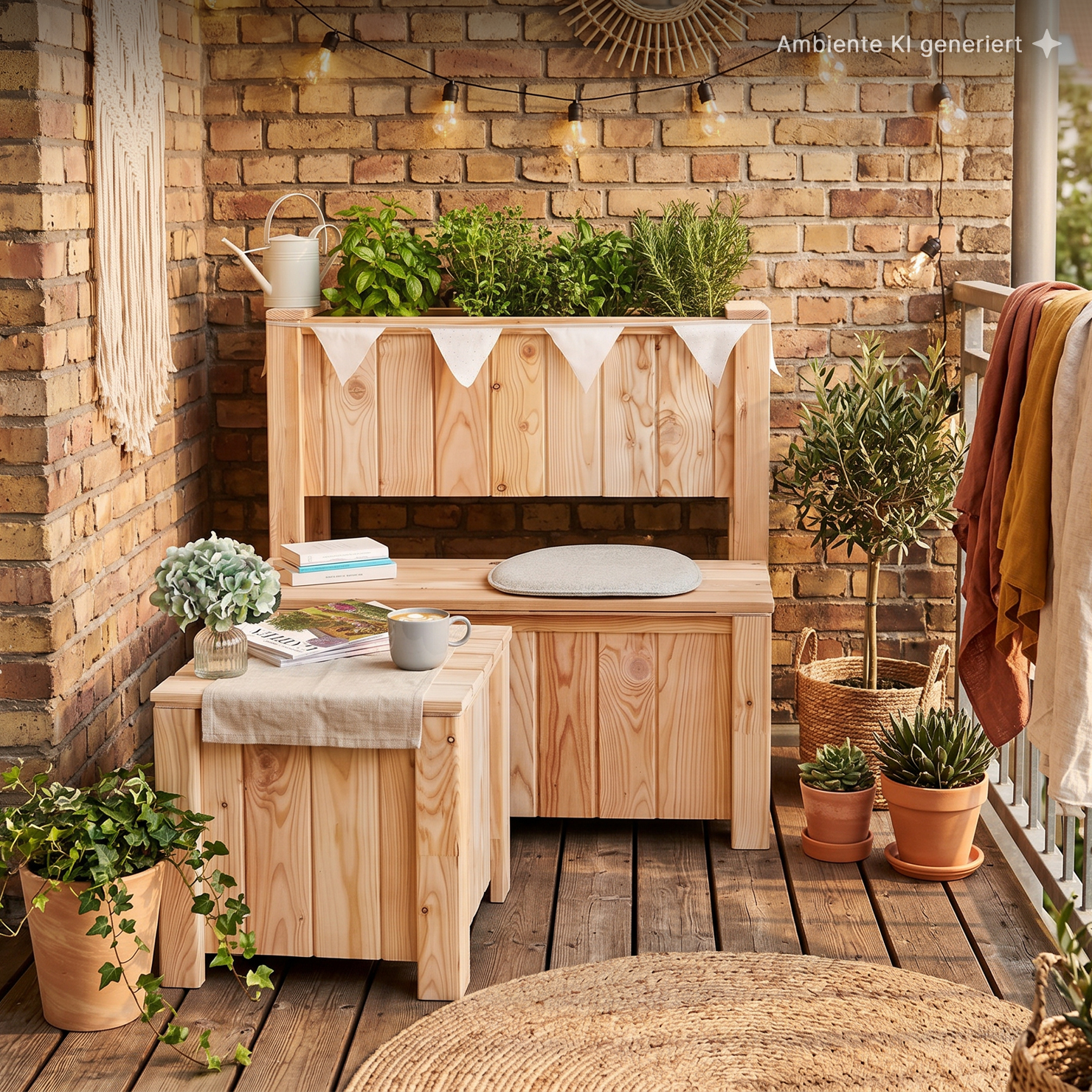 Gemütlicher Balkon mit Holzhochbeet und Sitzbank, Kräuter im Pflanzkasten, warm leuchtende Lichterkette an Backsteinwand, Topfpflanzen und Efeu, Kaffeetasse und Magazin auf Holztisch, Sitzkissen, Gießkanne und hängende Makramee-Dekoration