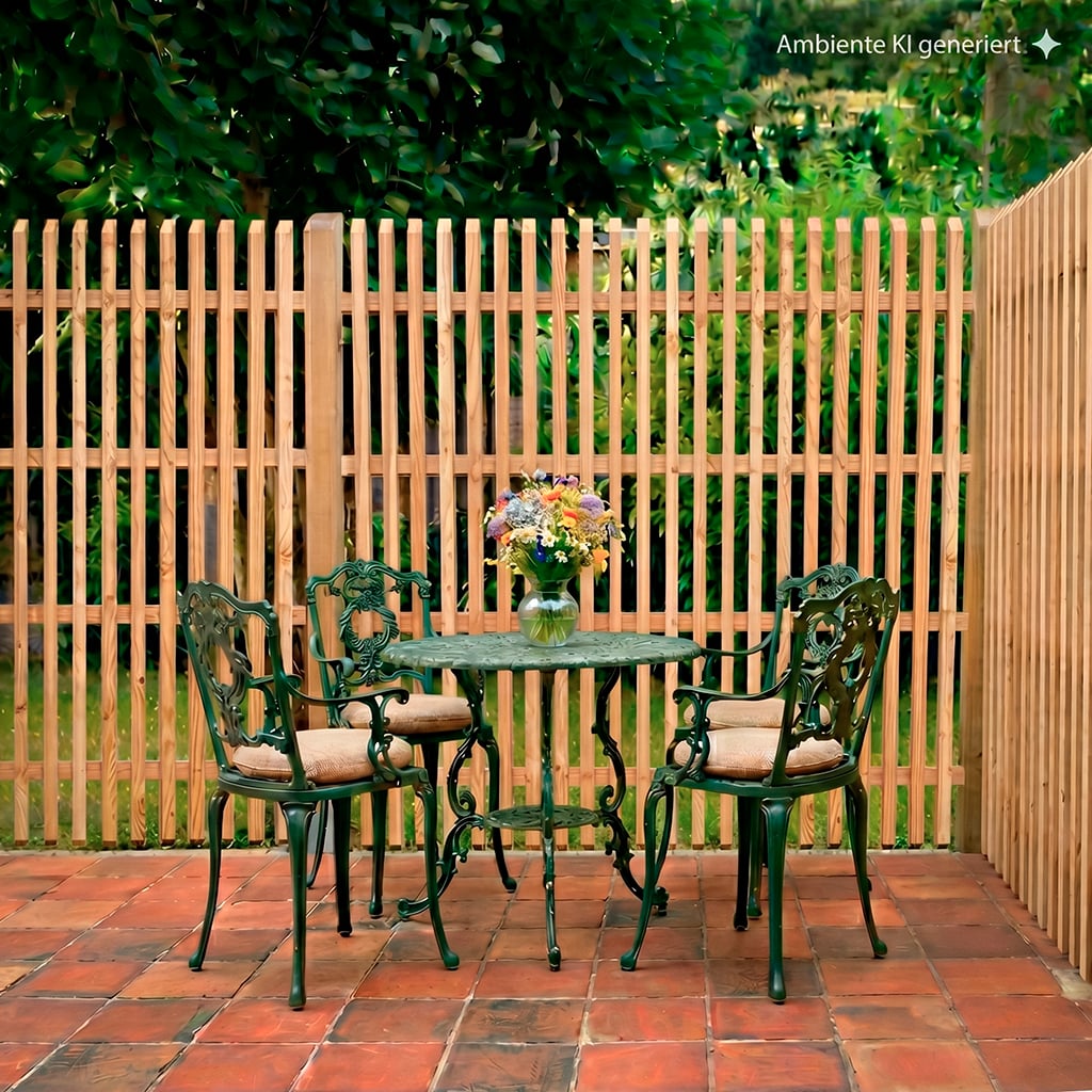 Senkrechtzaun Staccato, Fichte Terrasse mit rundem grünem, verziertem Metalltisch und zwei passenden Stühlen mit hellen Kissen, bunte Blumen in Vase auf dem Tisch, hölzerner Lattenzaun mit grüner Bepflanzung im Hintergrund, rote Terrakottafliesen