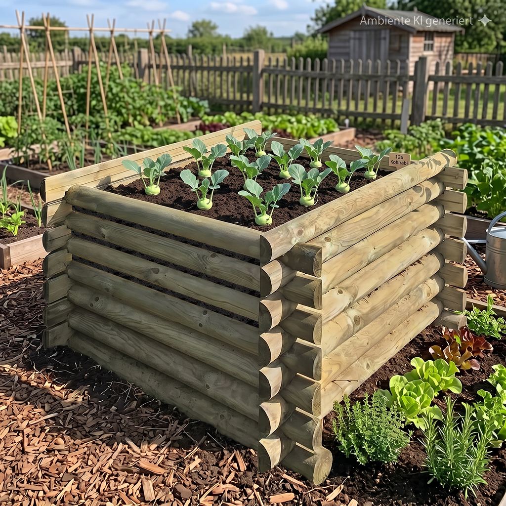 Erhöhtes Hochbeet aus gestapelten Rundhölzern mit frisch gepflanzten Kohlrabi-Setzlingen in dunkler Erde, umgeben von weiteren Gemüsebeeten, Holzzaun, Gartenhaus, Wasserkanne und Holzmulch