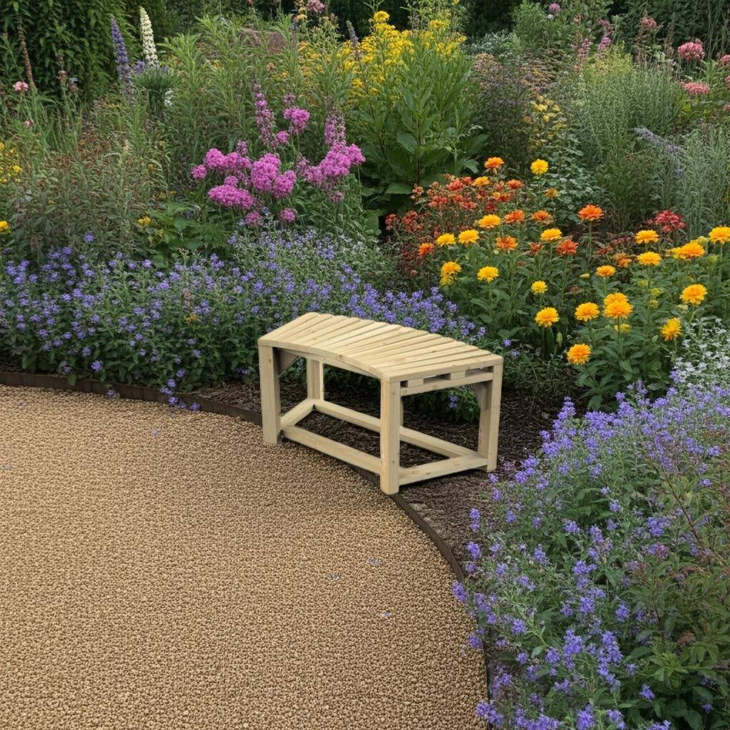 Kleine Elsaßbank aus imprägnierter Fichte auf kugeligen Kies am Beetrand, umgeben von lila, gelben und orangen Blüten in einem üppigen Staudengarten