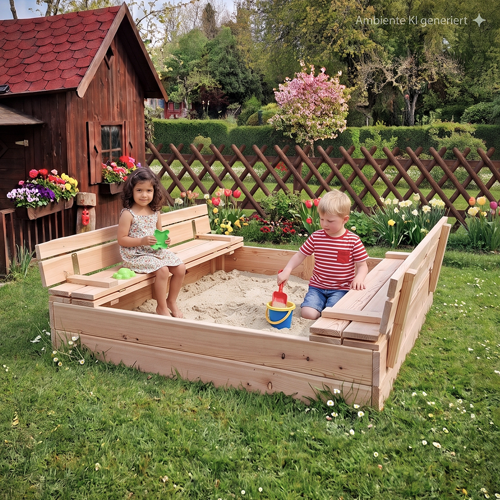 Sandkasten Emily 125 x 125 x 28 cm, Lärche naturbelassen Zwei Kinder in einer hölzernen Sandkiste im Garten: Mädchen im Sommerkleid mit grünem Förmchen auf der Bank, Junge im rot-weiß gestreiften Shirt schaufelt mit roter Schaufel in einen Eimer; im Hintergrund Holzhäuschen, Blumen und Lattenzaun.