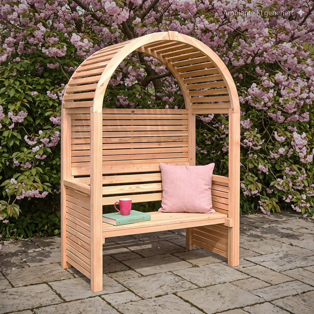 Holz-Gartenbank mit gebogenem Lattendach, seitlichen Lehnen und Schlitzrücken, auf Sitz ein rosafarbenes Kissen, ein Buch und eine rosa Tasse, steht auf Steinplatten vor einem blühenden Strauch mit rosa Blüten.