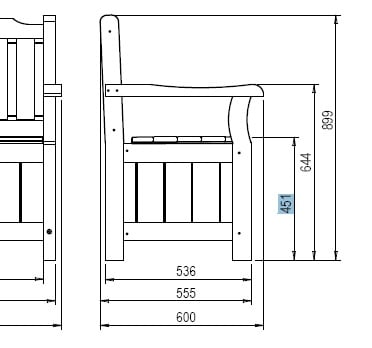 Technische Zeichnung einer Banktruhe mit den Maßen 165 x 60 cm, Seitenansicht mit Detailmaßen wie Gesamthöhe 899 mm, Sitzhöhe 445 mm und weiteren Breitenangaben an Sitz und Untergestell