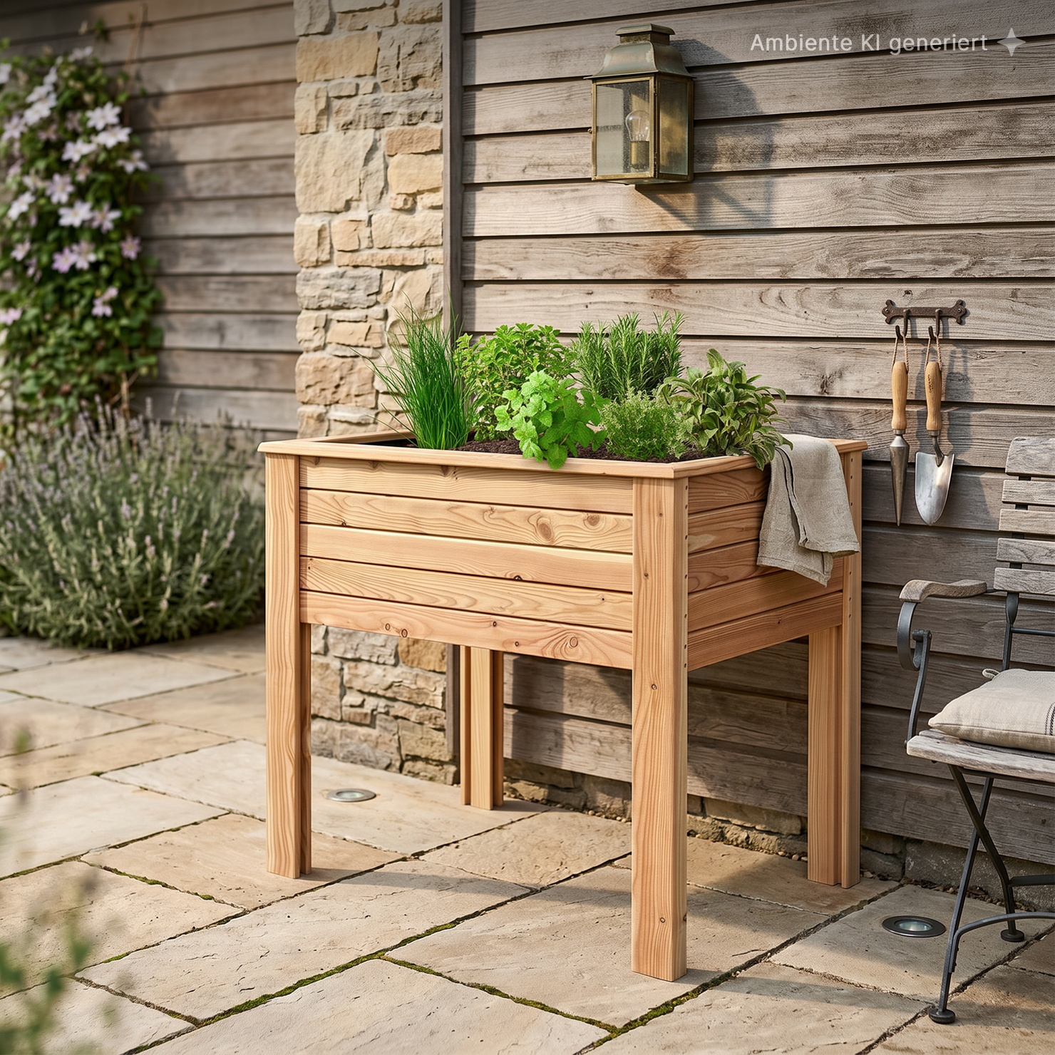 Holz-Hochbeet mit verschiedenen Kräutern (Schnittlauch, Minze, Rosmarin, Thymian) auf gepflasterter Terrasse vor Holzverkleidung und Natursteinwand, Wandlaterne, hängende Gartenwerkzeuge und Gartenstuhl